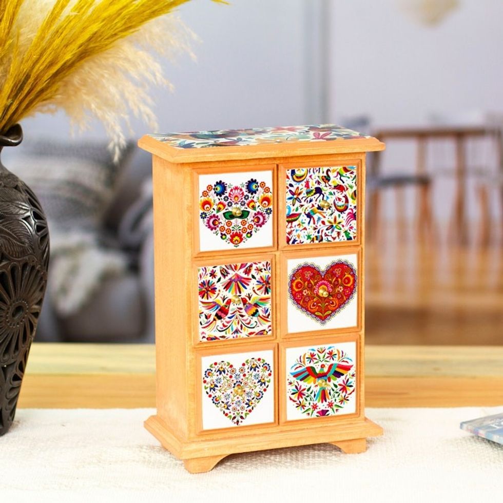 Handcrafted Decoupage Wood Jewelry Chest from Mexico 'Lavish Color'