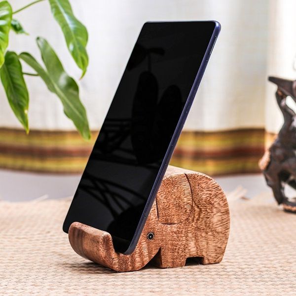 Alternate image for Hand-Carved Elephant-Themed Raintree Wood Phone Holder Helpful Trunk