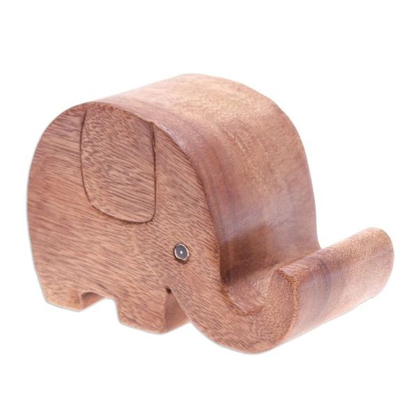 Alternate image for Hand-Carved Elephant-Themed Raintree Wood Phone Holder Helpful Trunk
