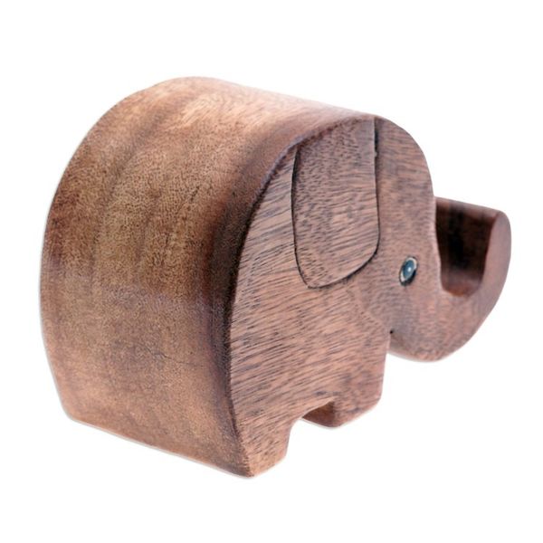 Alternate image for Hand-Carved Elephant-Themed Raintree Wood Phone Holder Helpful Trunk