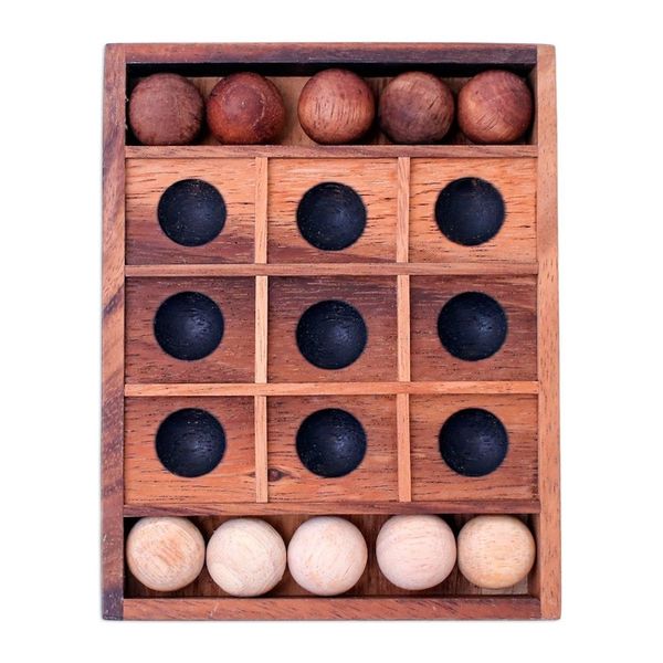 Alternate image for Hand Carved Raintree Wood Tic-Tac-Toe Board Game Lucky Strike