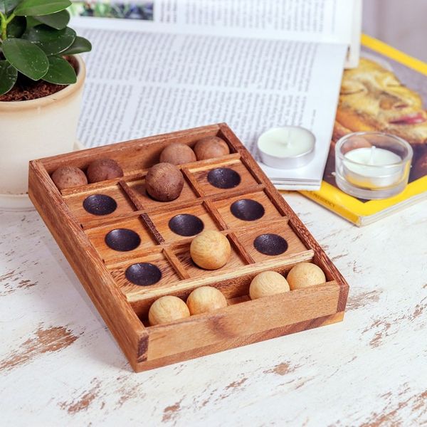 Alternate image for Hand Carved Raintree Wood Tic-Tac-Toe Board Game Lucky Strike