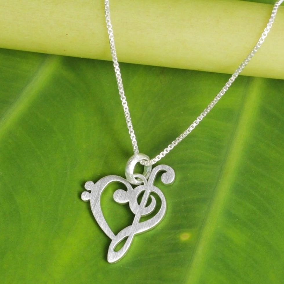 Artisan Crafted Brushed Silver Music Theme Necklace 'Music of Love'