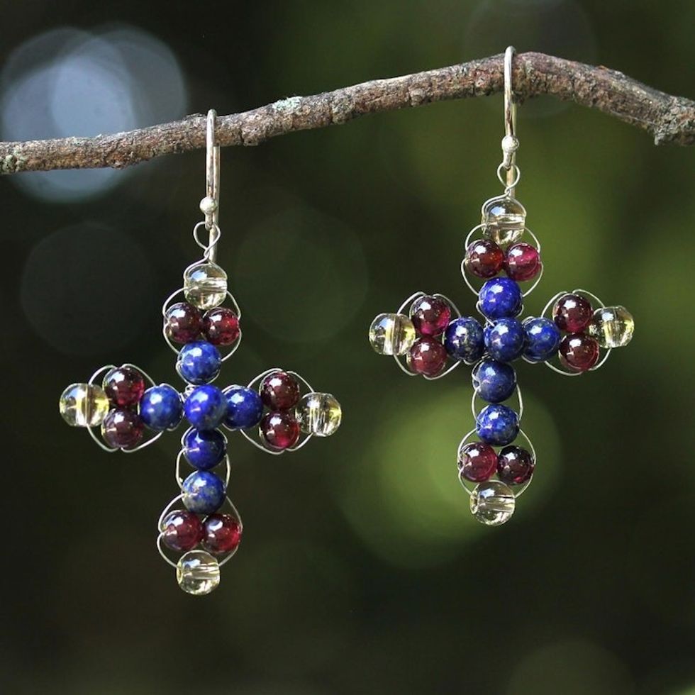 Garnet and Lapis Lazuli Cross Earrings from Thailand 'Cross of Hope'