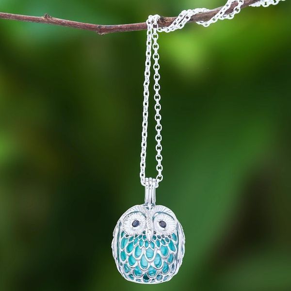 Alternate image for Owl-Themed Ringing Sterling Silver and Onyx Pendant Necklace Ringing Owl