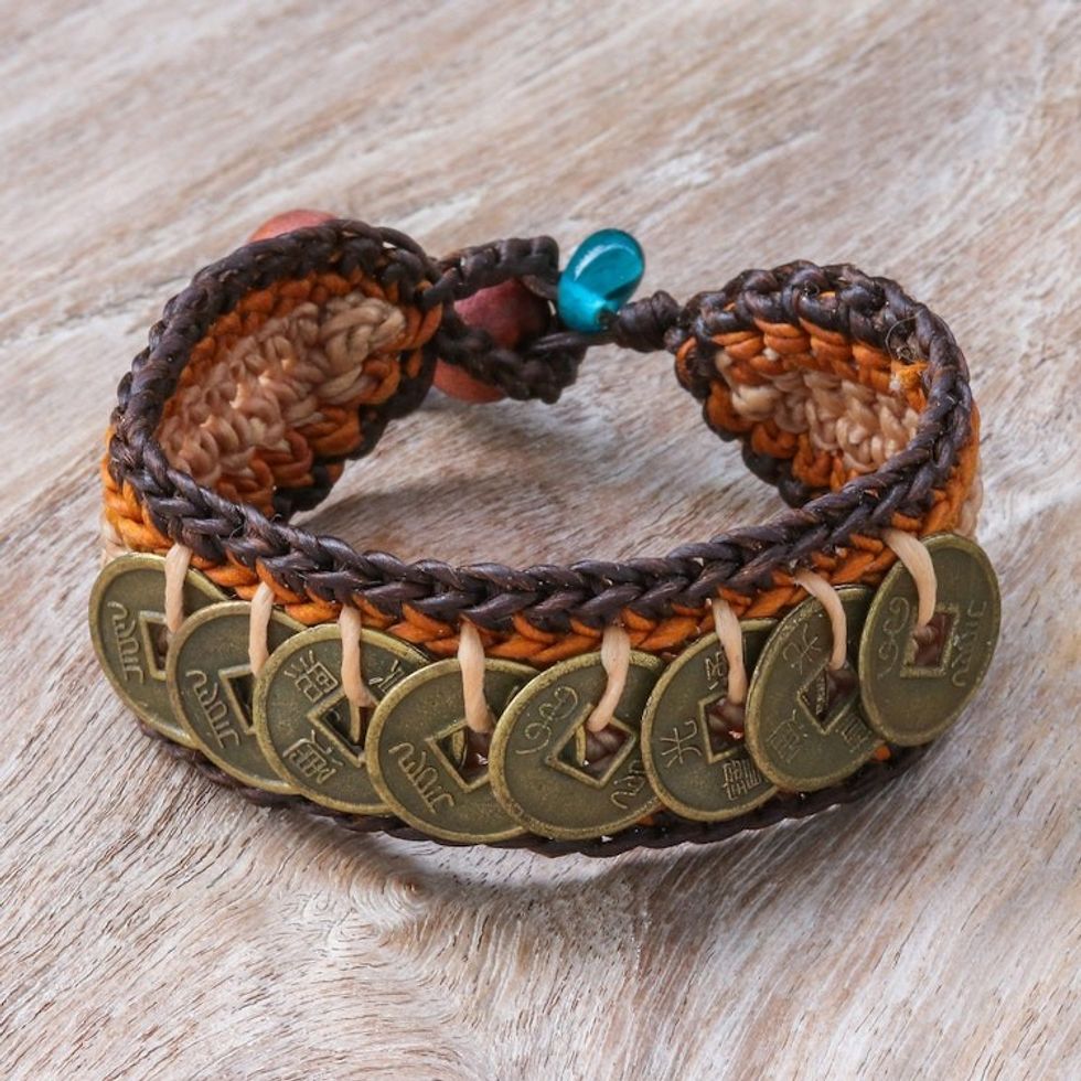Warm-Toned Beaded Wristband Bracelet with Brass Coins 'Earth Coins'