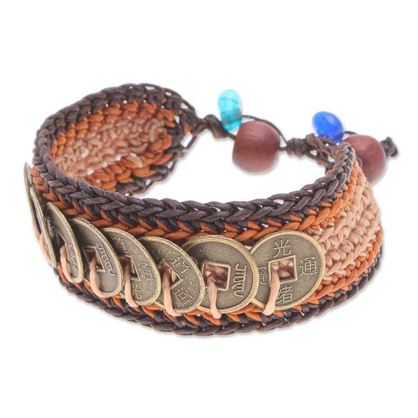 Alternate image for Warm-Toned Beaded Wristband Bracelet with Brass Coins Earth Coins