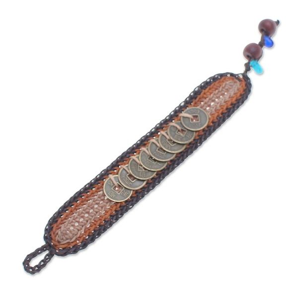Alternate image for Warm-Toned Beaded Wristband Bracelet with Brass Coins Earth Coins