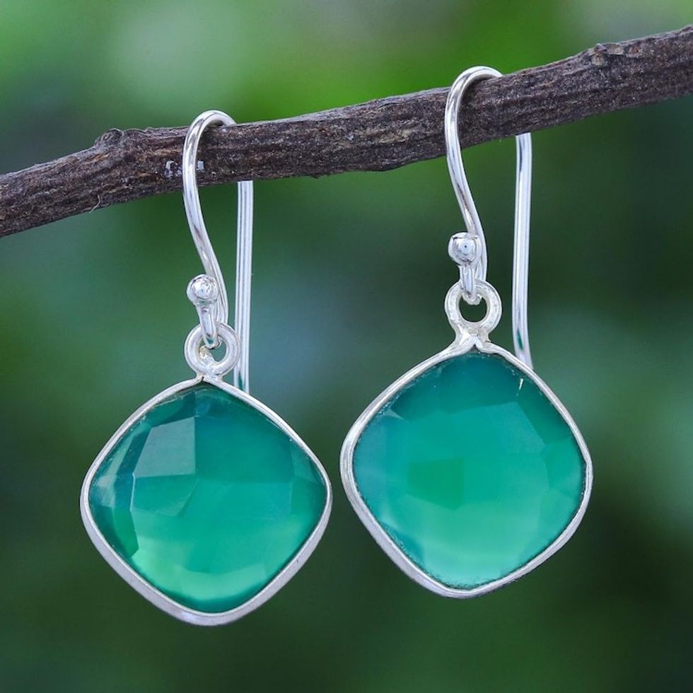 Thai Handcrafted Sterling Silver and Green Onyx Earrings 'Verdant Moon'