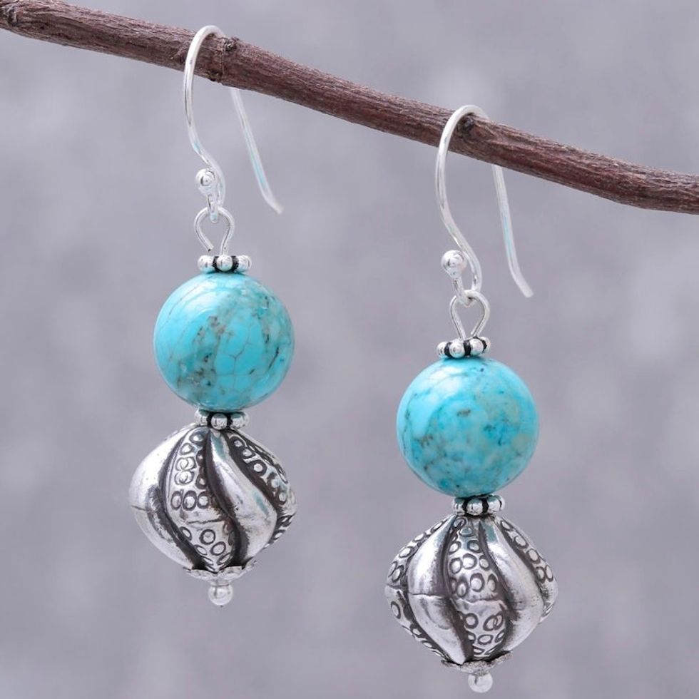 Karen Silver and Recon. Turquoise Earrings from Thailand 'Gorgeous Spirals'