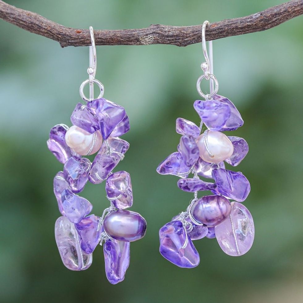 Handmade Cultured Pearl and Amethyst Dangle Earrings 'Lavender Ocean'
