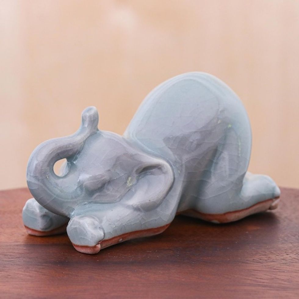Hand Made Ceramic Elephant Yoga Figurine 'Elephant Puppy Pose'