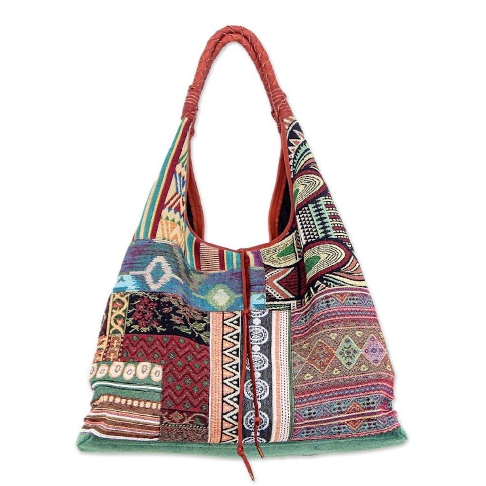 Cotton Blend and Leather Accented Hobo Handbag 'Natural Geometry'