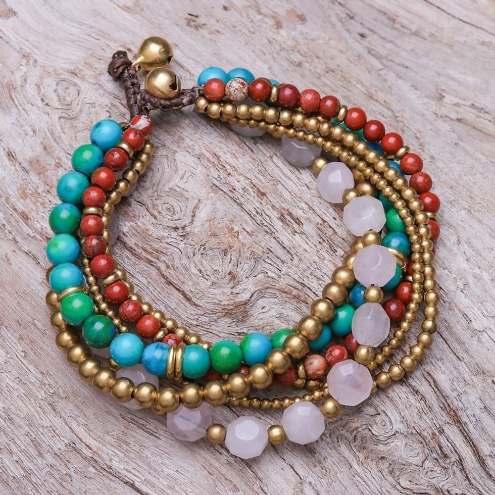 Multi-Gem Beaded Torsade Bracelet Crafted in Thailand 'Thai Mood'
