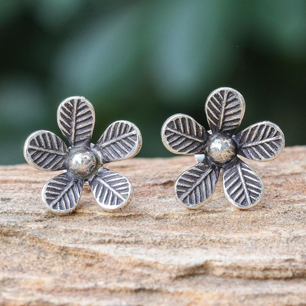 Artisan Made Sterling Silver Floral Button Earrings 'Leafy Flowers'