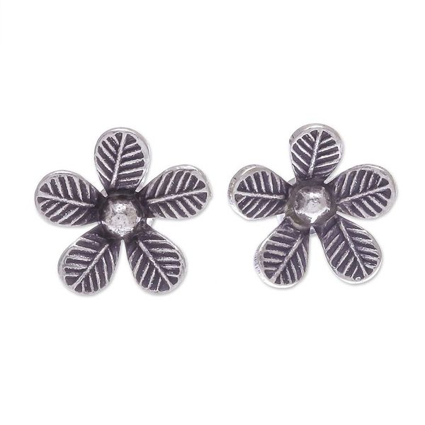 Alternate image for Artisan Made Sterling Silver Floral Button Earrings Leafy Flowers