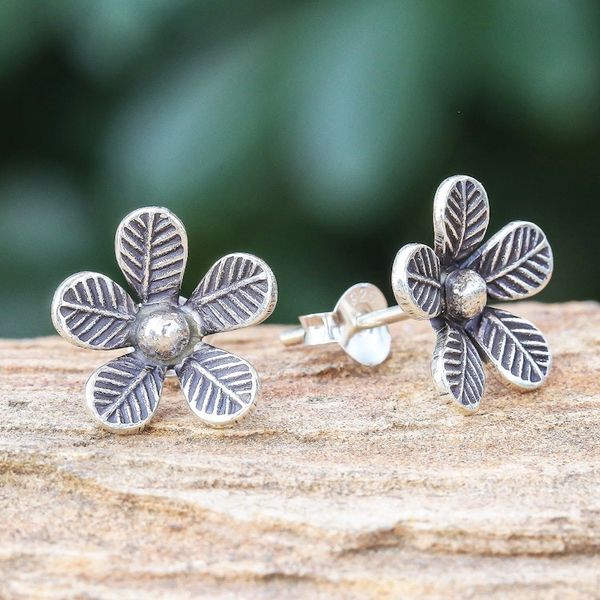 Alternate image for Artisan Made Sterling Silver Floral Button Earrings Leafy Flowers