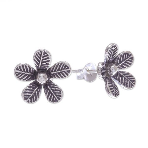 Alternate image for Artisan Made Sterling Silver Floral Button Earrings Leafy Flowers