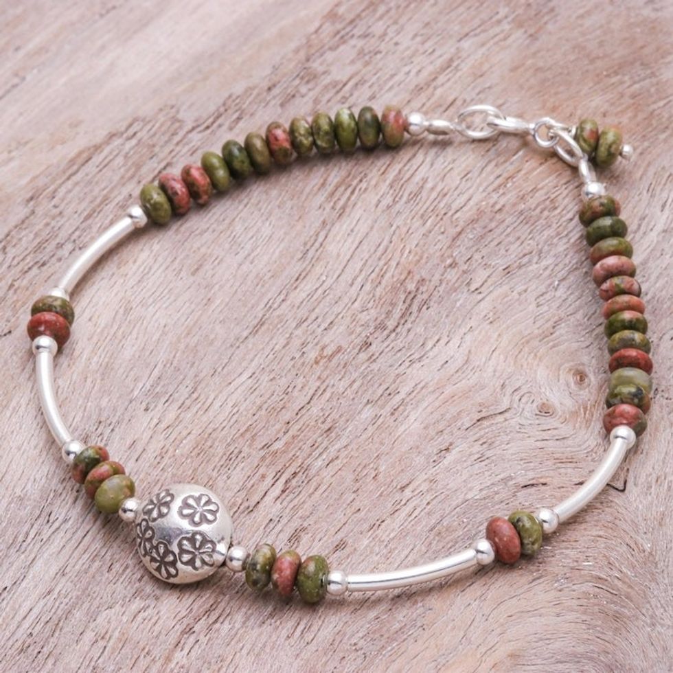 Unakite and Sterling Silver Beaded Bracelet 'Daisy Crown in Green'
