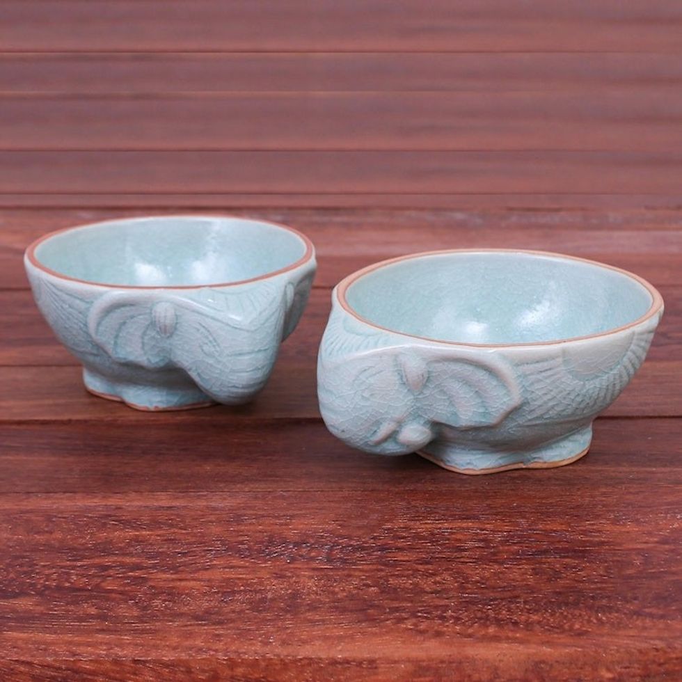 Aqua Elephant Motif Celadon Bowls Pair 'Elephant Companion in Aqua'