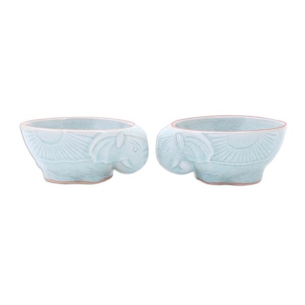 Alternate image for Aqua Elephant Motif Celadon Bowls Pair Elephant Companion in Aqua