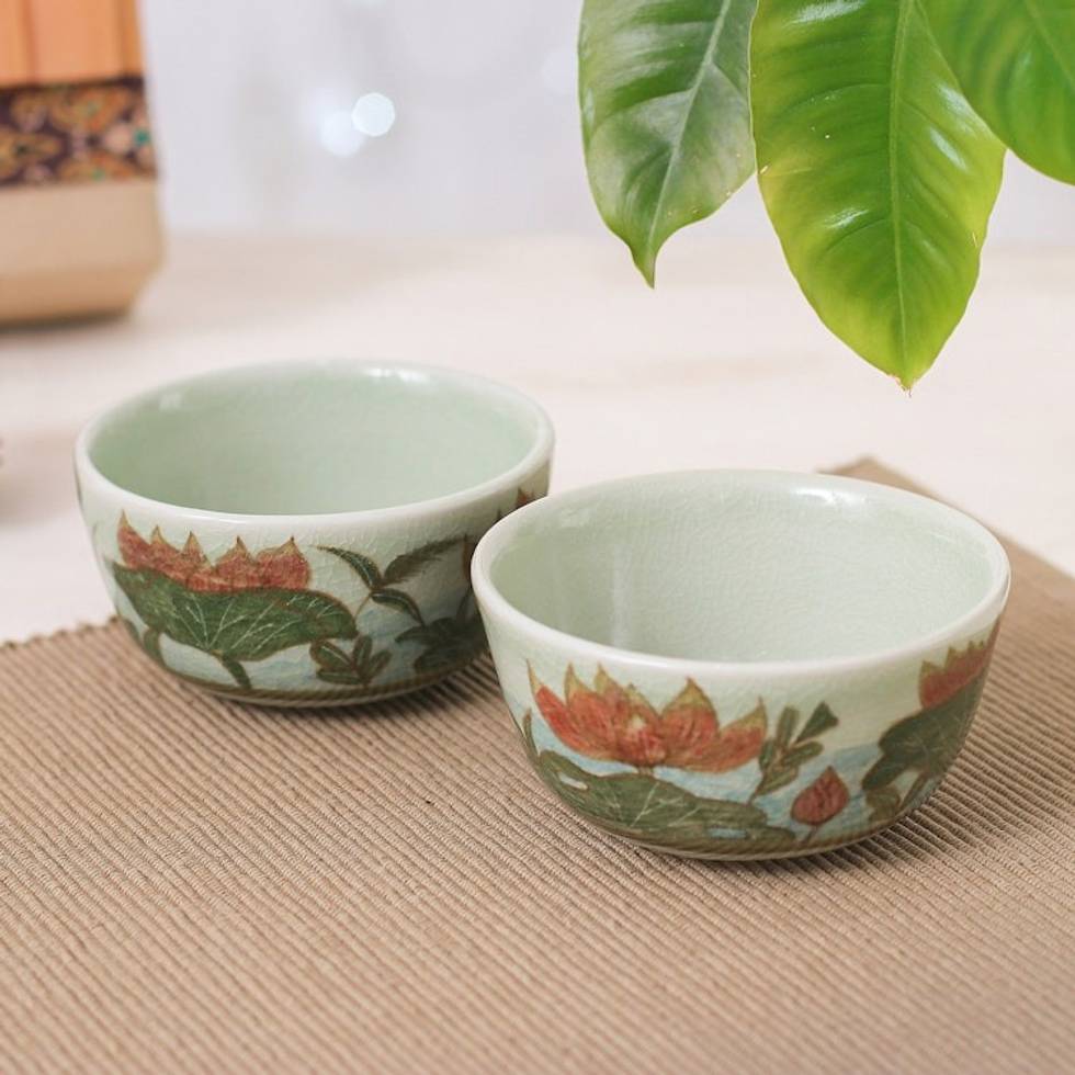 2 Hand-Painted Celadon Ceramic Floral Leaf Dessert Bowls 'Lotus Flower Delight'