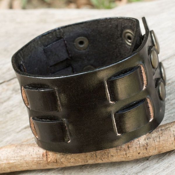 Alternate image for Black Leather Wristband Bracelet for Men Artisan Jewelry Rugged Weave in Black