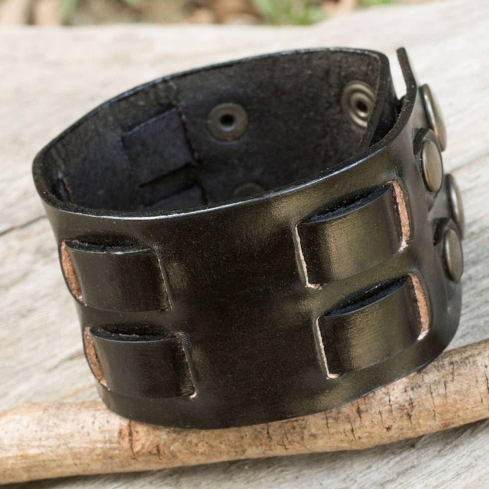 Black Leather Wristband Bracelet for Men Artisan Jewelry 'Rugged Weave in Black'