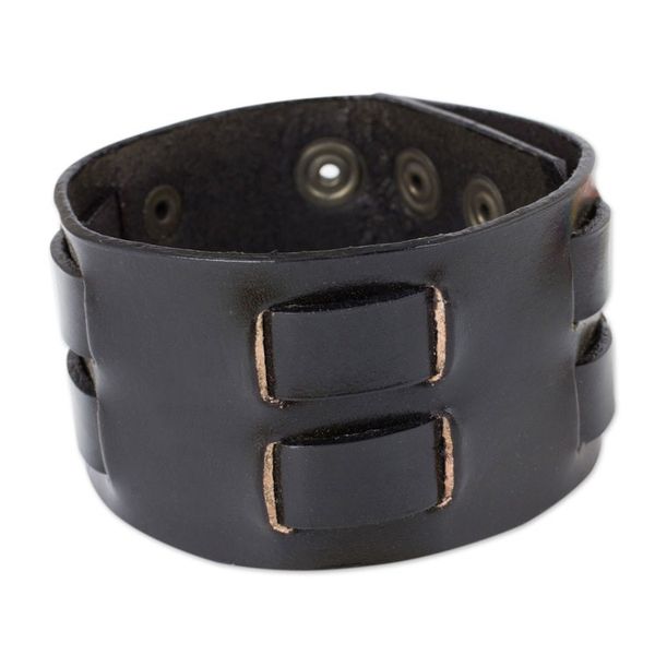 Alternate image for Black Leather Wristband Bracelet for Men Artisan Jewelry Rugged Weave in Black