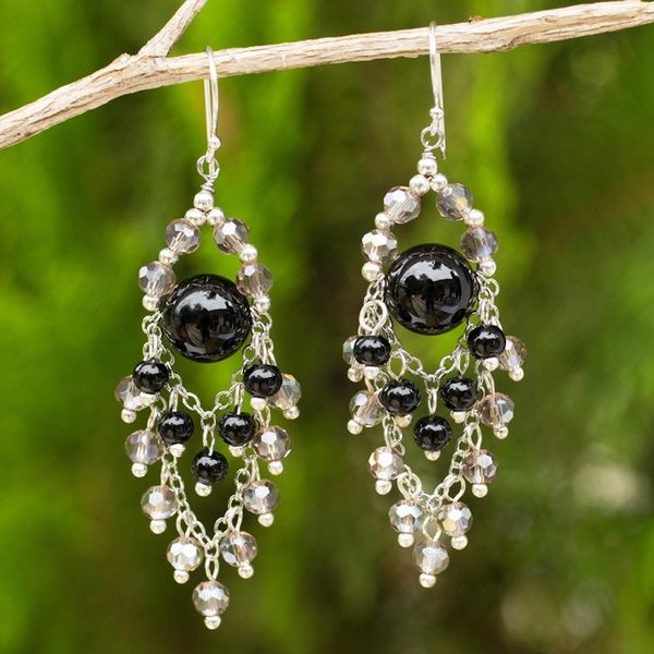 Alternate image for Chandelier Style Earrings with Onyx and Glass Beads Brilliant Meteor