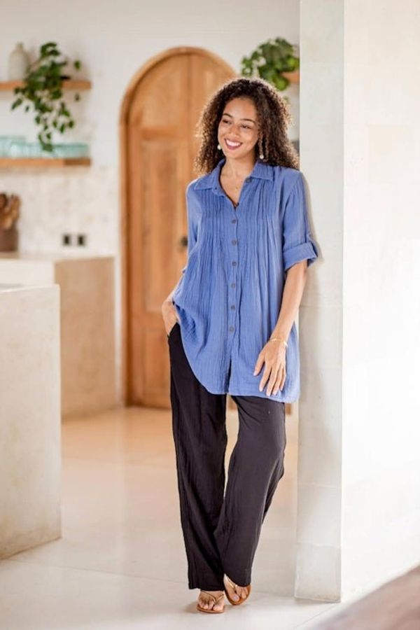 Alternate image for Blue Cotton Gauze Shirt from Thailand Periwinkle Pintucks