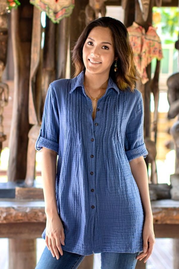 Alternate image for Blue Cotton Gauze Shirt from Thailand Periwinkle Pintucks