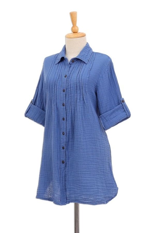 Alternate image for Blue Cotton Gauze Shirt from Thailand Periwinkle Pintucks