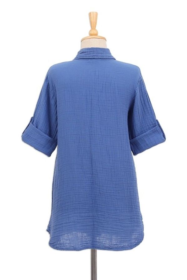 Alternate image for Blue Cotton Gauze Shirt from Thailand Periwinkle Pintucks
