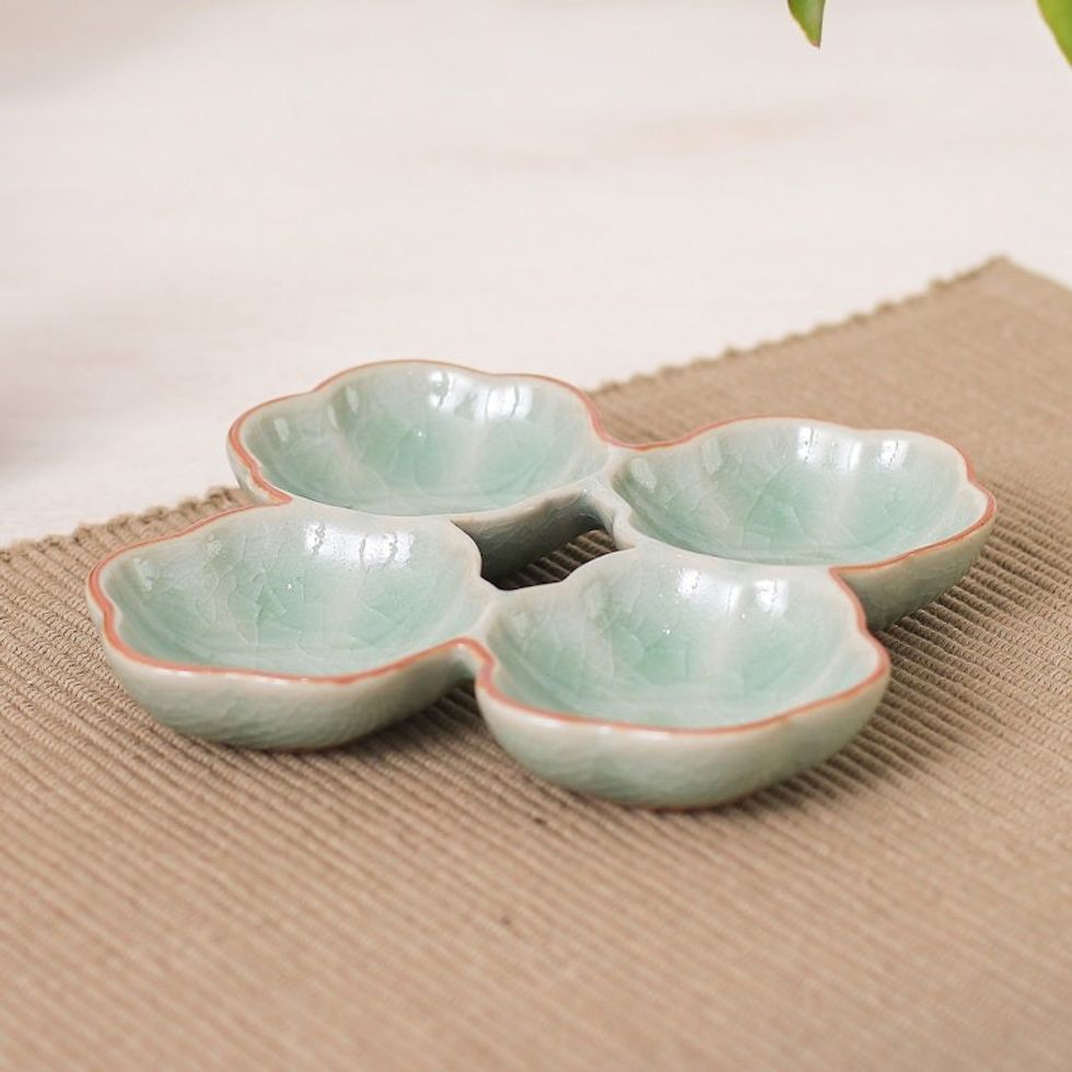Lotus Flower Themed Celadon Ceramic Appetizer Plate in Green 'Lotus Treats'