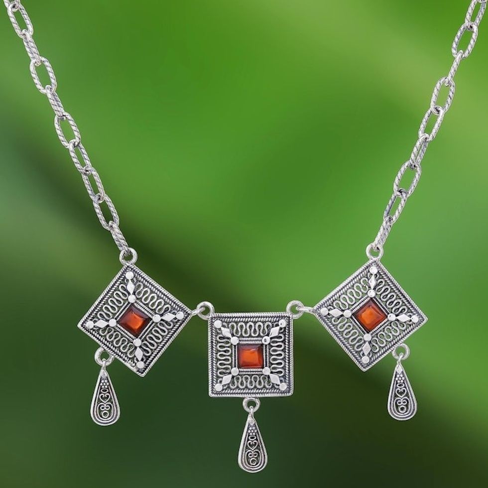 Ornate Geometric Thai Sterling Silver and Carnelian Necklace 'Autumn Fire'