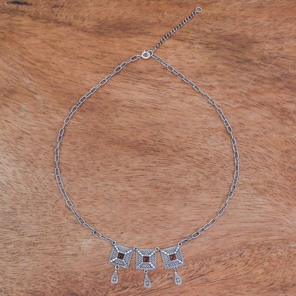 Alternate image for Ornate Geometric Thai Sterling Silver and Carnelian Necklace Autumn Fire