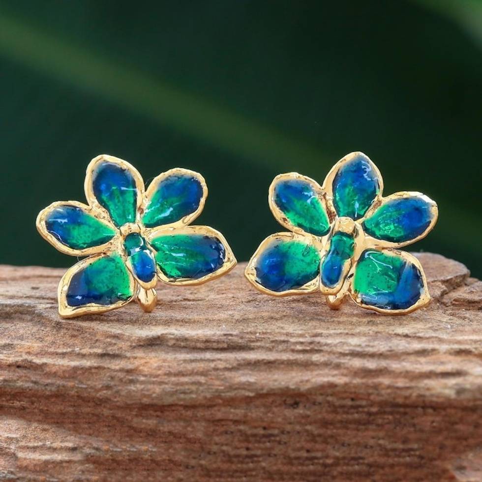 Natural orchid gold-plated flower earrings 'Aqua Perfection'