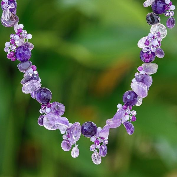Alternate image for Handmade Amethyst and Quartz Beaded Necklace Violet Daydream