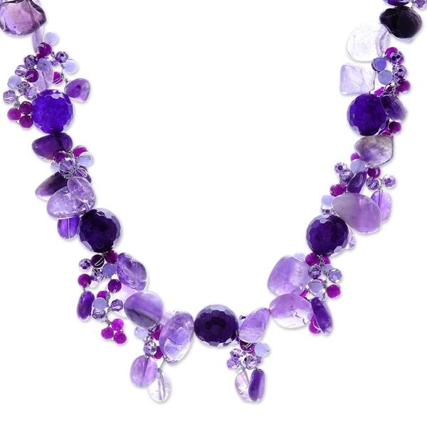 Alternate image for Handmade Amethyst and Quartz Beaded Necklace Violet Daydream