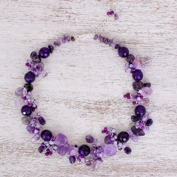 Alternate image for Handmade Amethyst and Quartz Beaded Necklace Violet Daydream