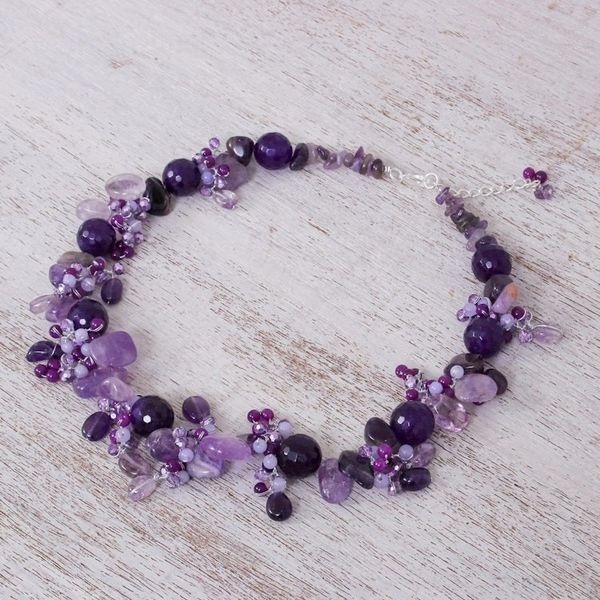 Alternate image for Handmade Amethyst and Quartz Beaded Necklace Violet Daydream