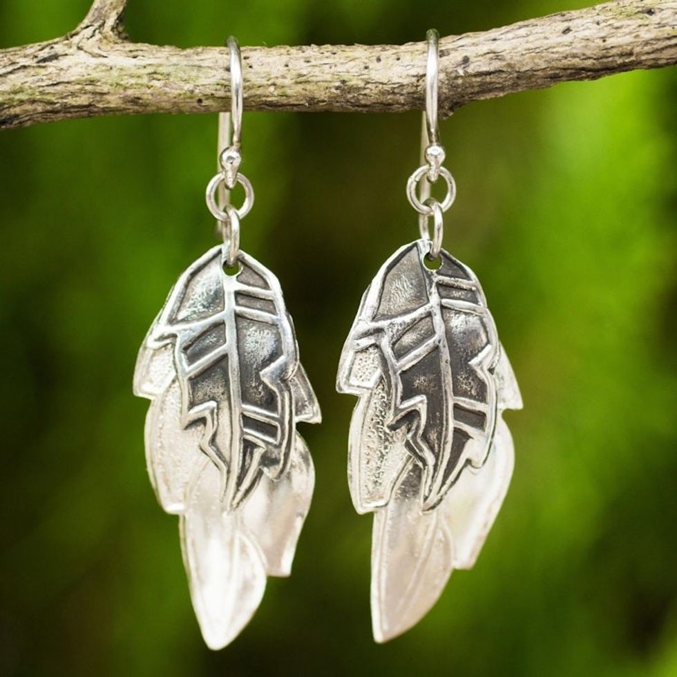 Double Exotic Leaf Earrings Handmade in 925 Sterling Silver 'Exotic Leaf Shadows'