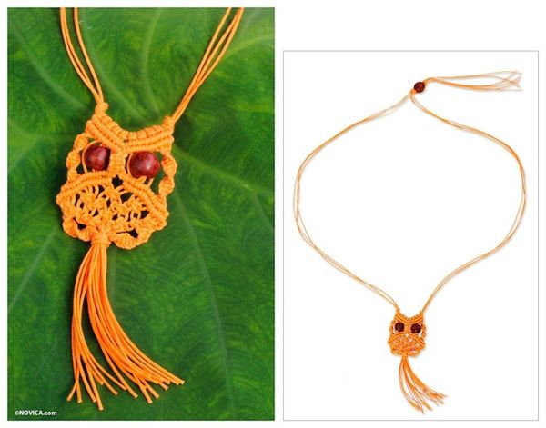 Alternate image for Orange Cotton Macrame Owl Necklace Orange Owl