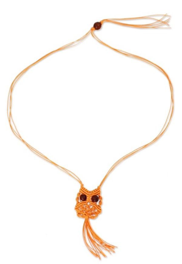 Alternate image for Orange Cotton Macrame Owl Necklace Orange Owl
