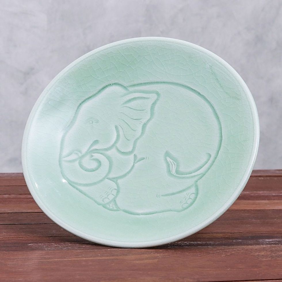 Elephant Motif Handcrafted Thai Celadon Ceramic Salad Plate 'Sleeping Elephant'