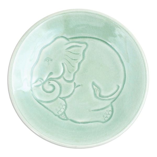 Alternate image for Elephant Motif Handcrafted Thai Celadon Ceramic Salad Plate Sleeping Elephant