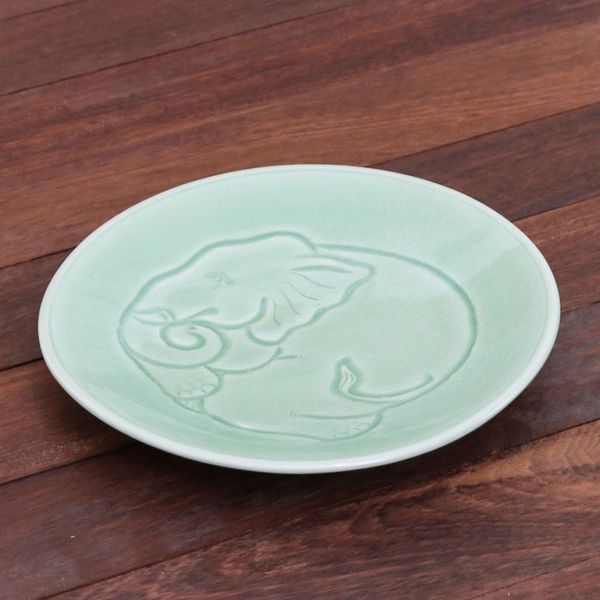 Alternate image for Elephant Motif Handcrafted Thai Celadon Ceramic Salad Plate Sleeping Elephant