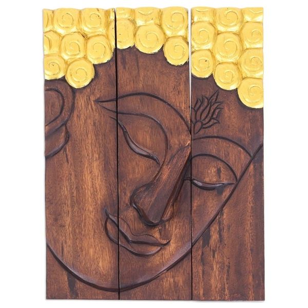 Alternate image for Set of 3 Raintree Wood Relief Panels Featuring Buddha Buddhas Grace