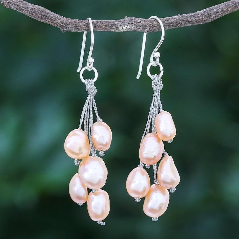 Artisan Crafted Cultured Freshwater Pearl Dangle Earrings 'Mystic Pearl in Peach'